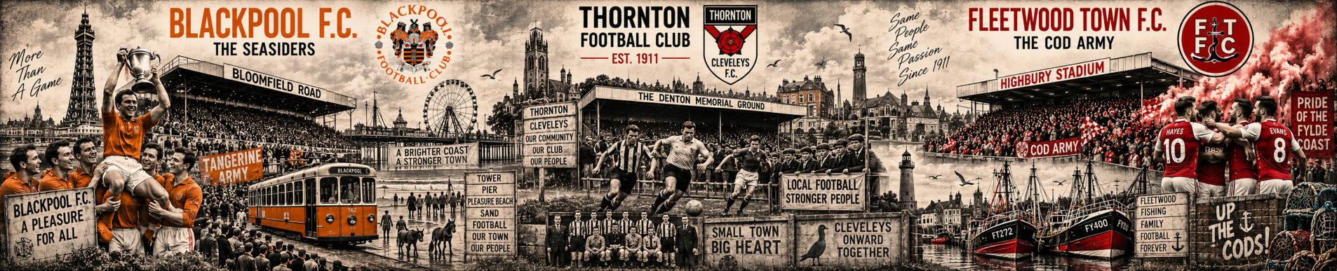 Blackpool FC, Thornton Football Club and Fleetwood Town FC collage celebrating local football heritage